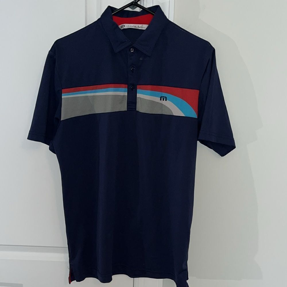 Navy Blue Red Gray Travis Mathew Golf Polo Shirt M Poly/Spandex Blend